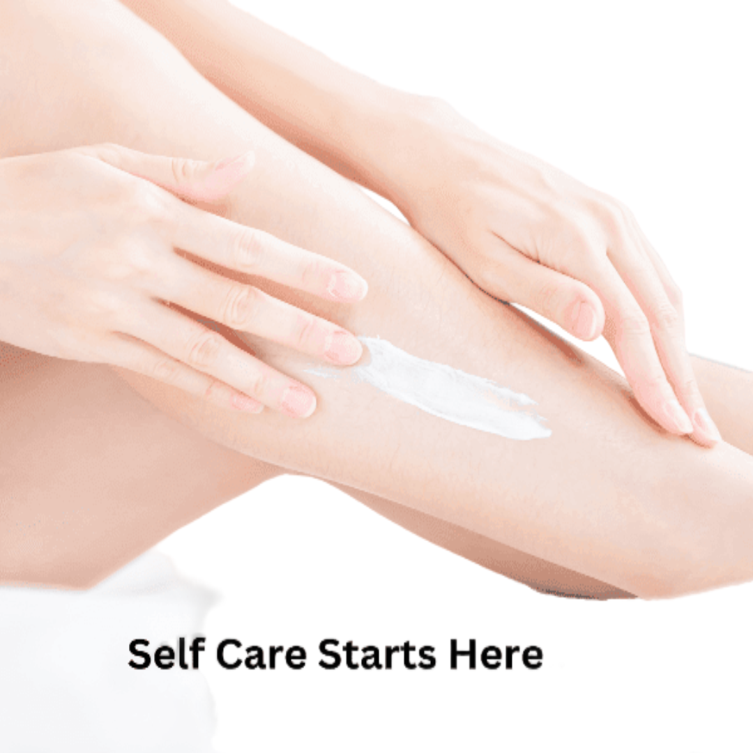 Person applying cream to their arm with text 'Self Care Starts Here' on a white background