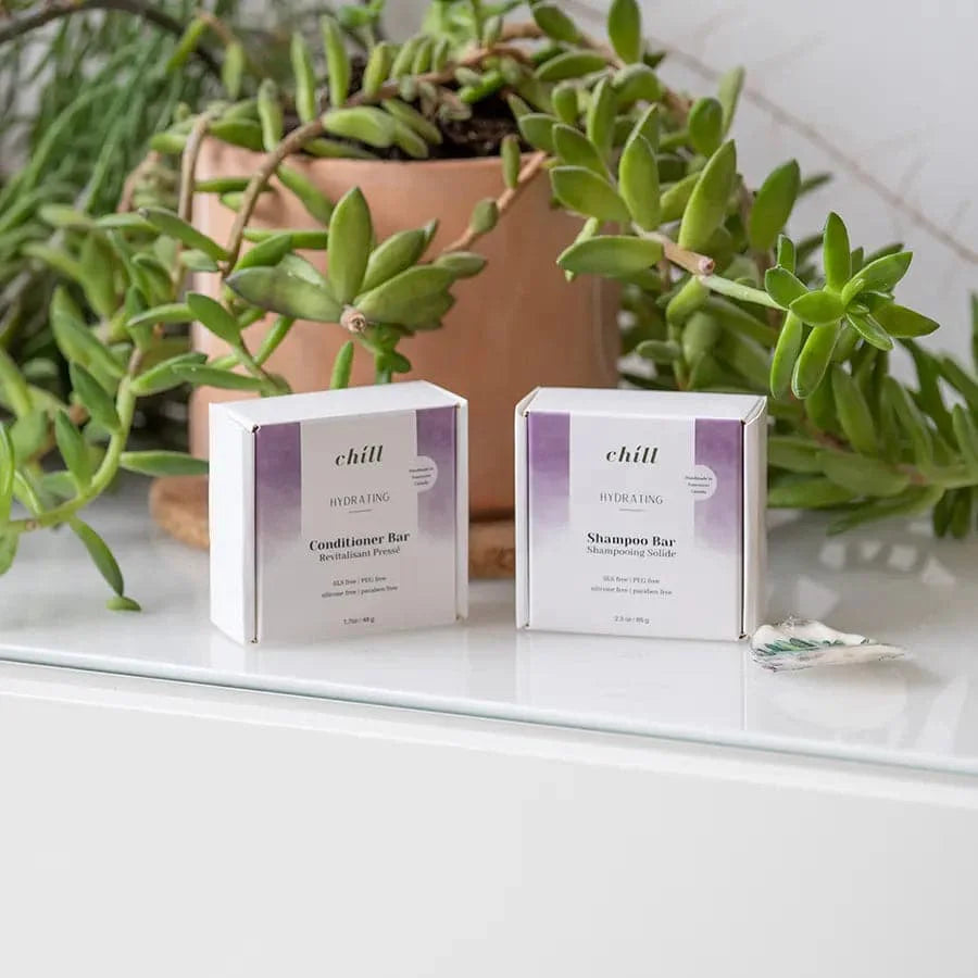Two boxes of 'chill' shampoo and conditioner bars on a white surface with plants in the background.