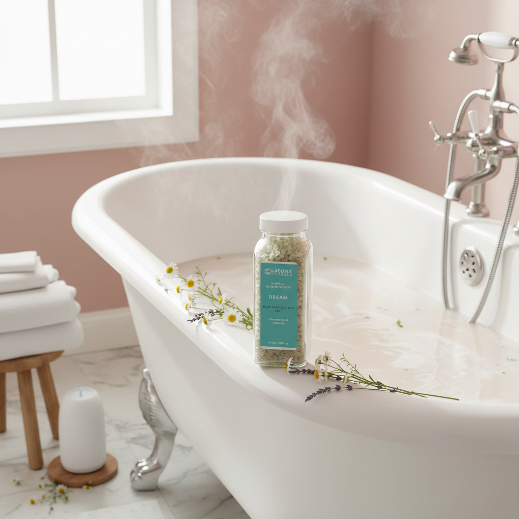 Bottle of Laguna Minerals Dream bath salt on a pink background