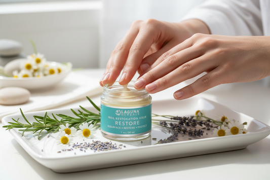 Jar of Laguna Herbals Nail Restoration Balm on a light blue background