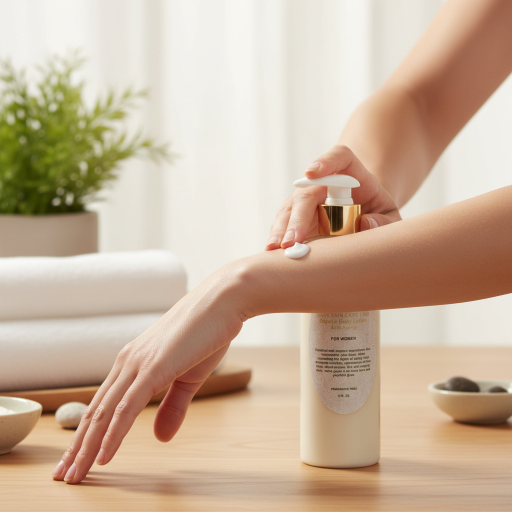 Anti-aging body lotion showing rich organic formula available in multiple natural scents