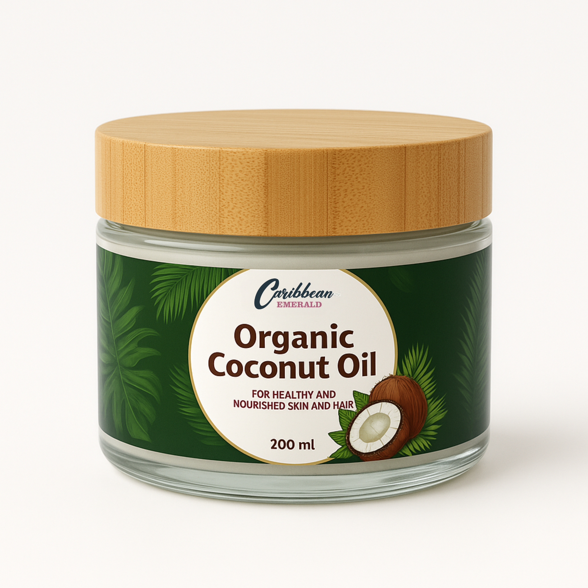 Jar of Organic Coconut Oil with a wooden lid on a white background