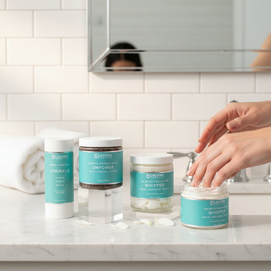 Three Laguna Herbals products on a light blue background