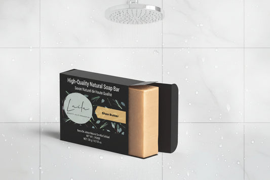 High-quality natural soap bar with black packaging featuring Laita branding on a white background.