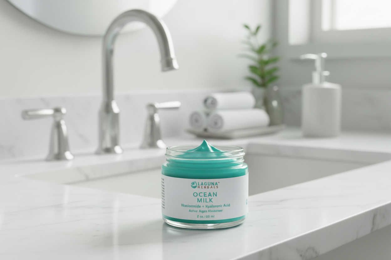 Jar of Ocean Milk cream on a bathroom counter with a sink and toiletries in the background.