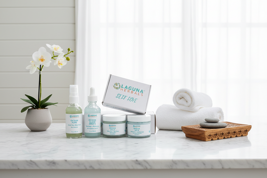 Set of Laguna Herbals skincare products including bottles and jars on a white background